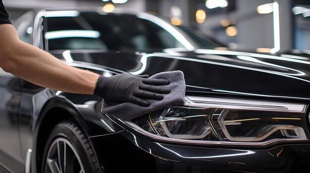 car detailer polishing headlight of black luxury vehicle photo